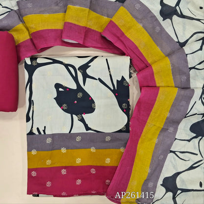 Light grey base abstract printed satin cotton unstitched salwar material french knot all over, multicoloured daman,(lining optional)dark pink spun cotton bottom,multicoloured lines and abstract printed mixed cotton dupatta. AP261415