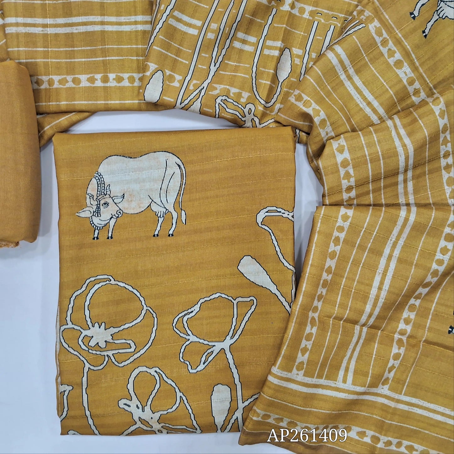 Mehandhi yellow digital printed semi gicha unstitched salwar material,panel design (Thin, Lining Needed) santoon bottom, digital printed  semi gicha dupatta. AP261409