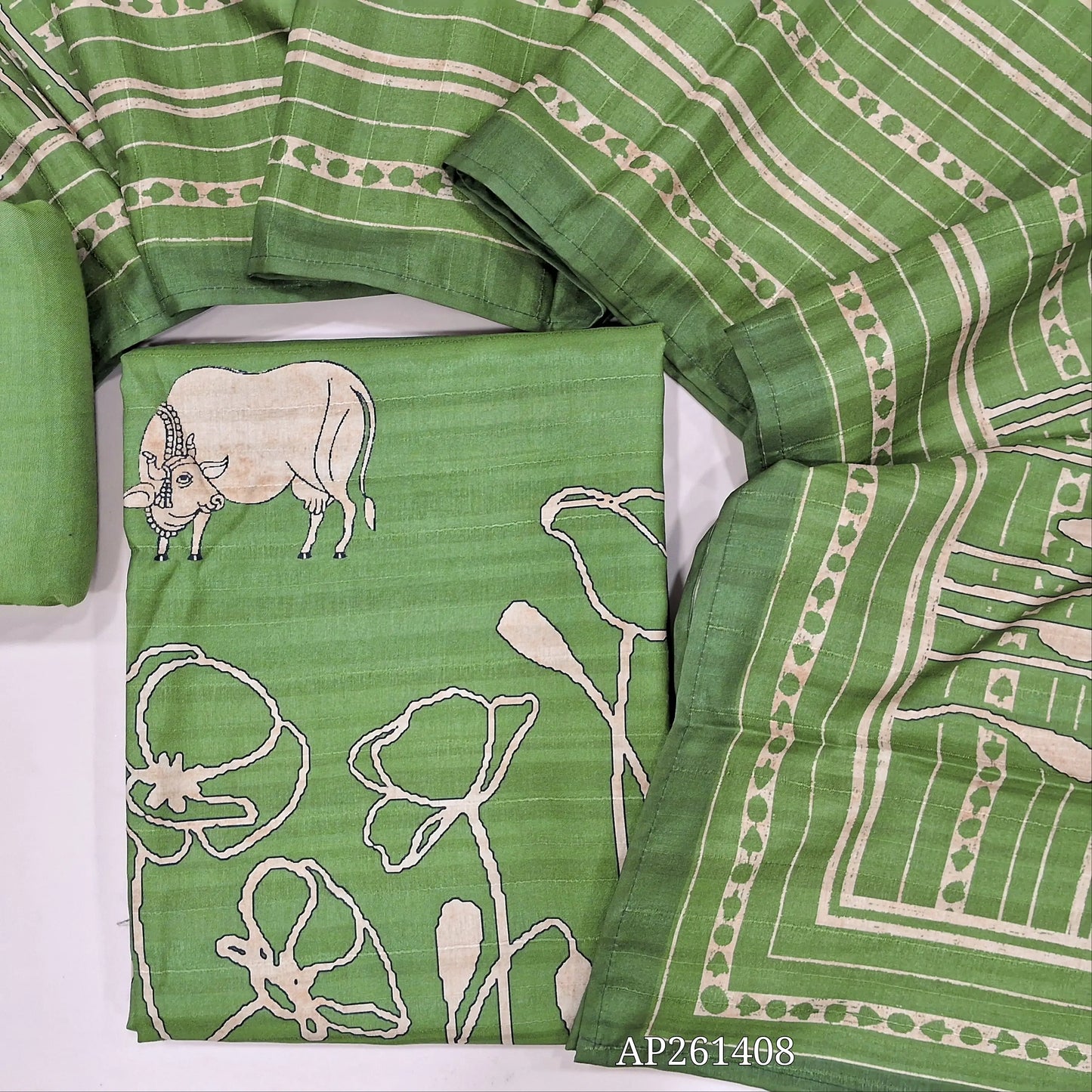 Leafy green digital printed semi gicha unstitched salwar material,panel design (Thin, Lining Needed) santoon bottom, digital printed  semi gicha dupatta. AP261408