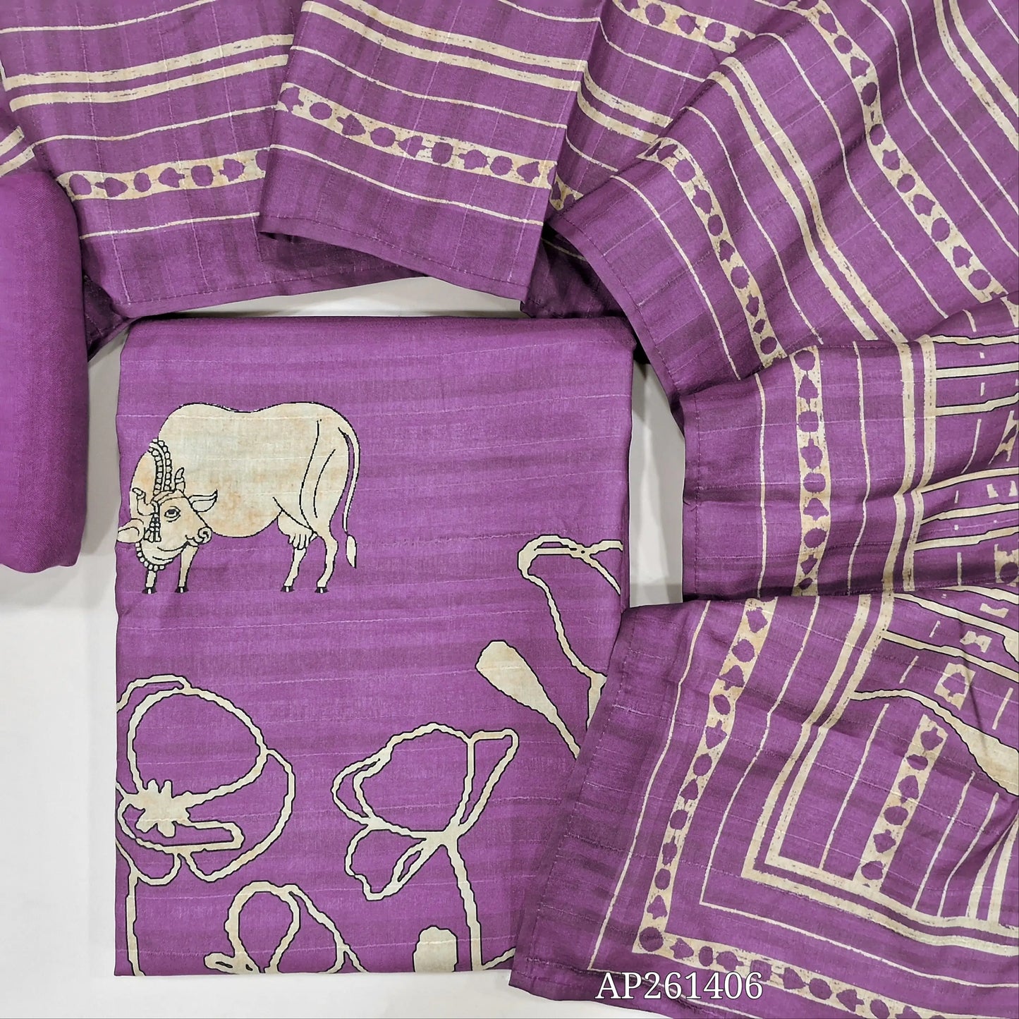 Dark purple digital printed semi gicha unstitched salwar material,panel design (Thin, Lining Needed) santoon bottom, digital printed  semi gicha dupatta. AP261406