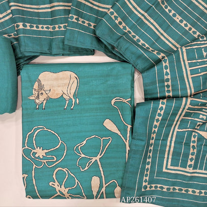Dark teal blue digital printed semi gicha unstitched salwar material,panel design (Thin, Lining Needed) santoon bottom, digital printed  semi gicha dupatta. AP261407