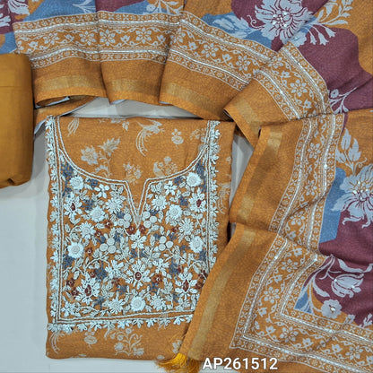 Mehandhi yellow printed spun silk cotton unstitched salwar material, hand embroidery work on yoke (lining needed)spun cotton bottom,hand embroidery and colourful printed soft spun silk cotton dupatta with gold tissue borders. AP261512