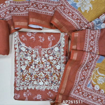 Brick red printed spun silk cotton unstitched salwar material, hand embroidery work on yoke (lining needed)spun cotton bottom,hand embroidery and colourful printed soft spun silk cotton dupatta with gold tissue borders. AP261511