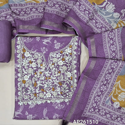 Purple printed spun silk cotton unstitched salwar material, hand embroidery work on yoke (lining needed)spun cotton bottom,hand embroidery and colourful printed soft spun silk cotton dupatta with gold tissue borders. AP261510