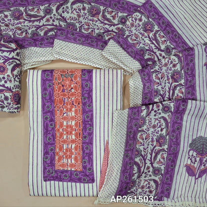 Off white base soft cotton unstitched salwar material,(PURPLE) lace work and cut work on yoke,vertical printed and floral design on front, (lining needed)floral printed cotton bottom,crinkled pure cotton dupatta. AP261503