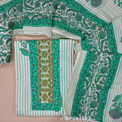 Off white base soft cotton unstitched salwar material,(TURQUOISE GREEN) lace work and cut work on yoke,vertical printed and floral design on front, (lining needed)floral printed cotton bottom,crinkled pure cotton dupatta. AP261502