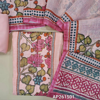 Light peachish pink premium linen unstitched salwar material, colourful floral printed yoke with faux mirror, sequins and zari work,(textured, lining needed)spun cotton bottom,digital printed premium linen dupatta with printed borders. AP261501