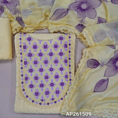 Pastel yellow pure cotton unstitched salwar material, embroidered yoke with lace work, thread embriodery on front,(lining needed)matching cotton bottom,brush paint work on fancy chiffon dupatta with lace tapping. AP261509