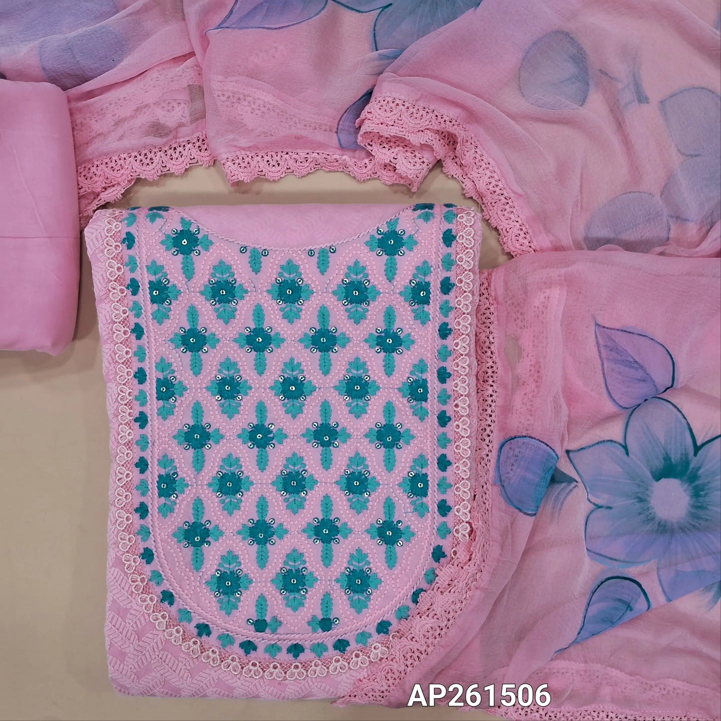 Pastel pink pure cotton unstitched salwar material, embroidered yoke with lace work, thread embriodery on front,(lining needed)matching cotton bottom,brush paint work on fancy chiffon dupatta with lace tapping. AP261506
