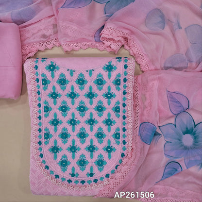 Pastel pink pure cotton unstitched salwar material, embroidered yoke with lace work, thread embriodery on front,(lining needed)matching cotton bottom,brush paint work on fancy chiffon dupatta with lace tapping. AP261506