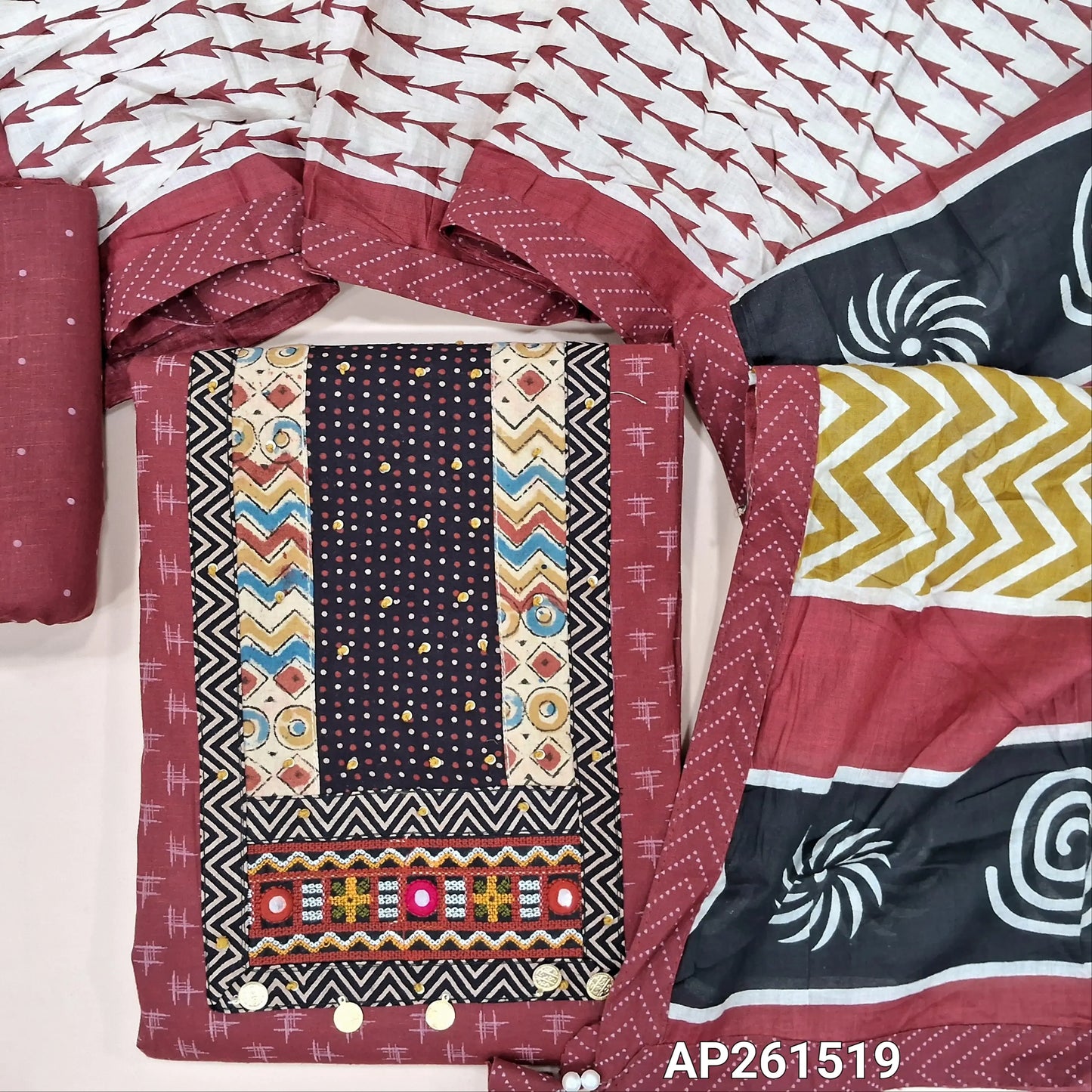 Dark maroon ikat printed pure cotton unstitched salwar material, ajrak yoke patch with hand embroidery work(lining optional)printed cotton bottom,printed soft mul cotton dupatta. AP261519