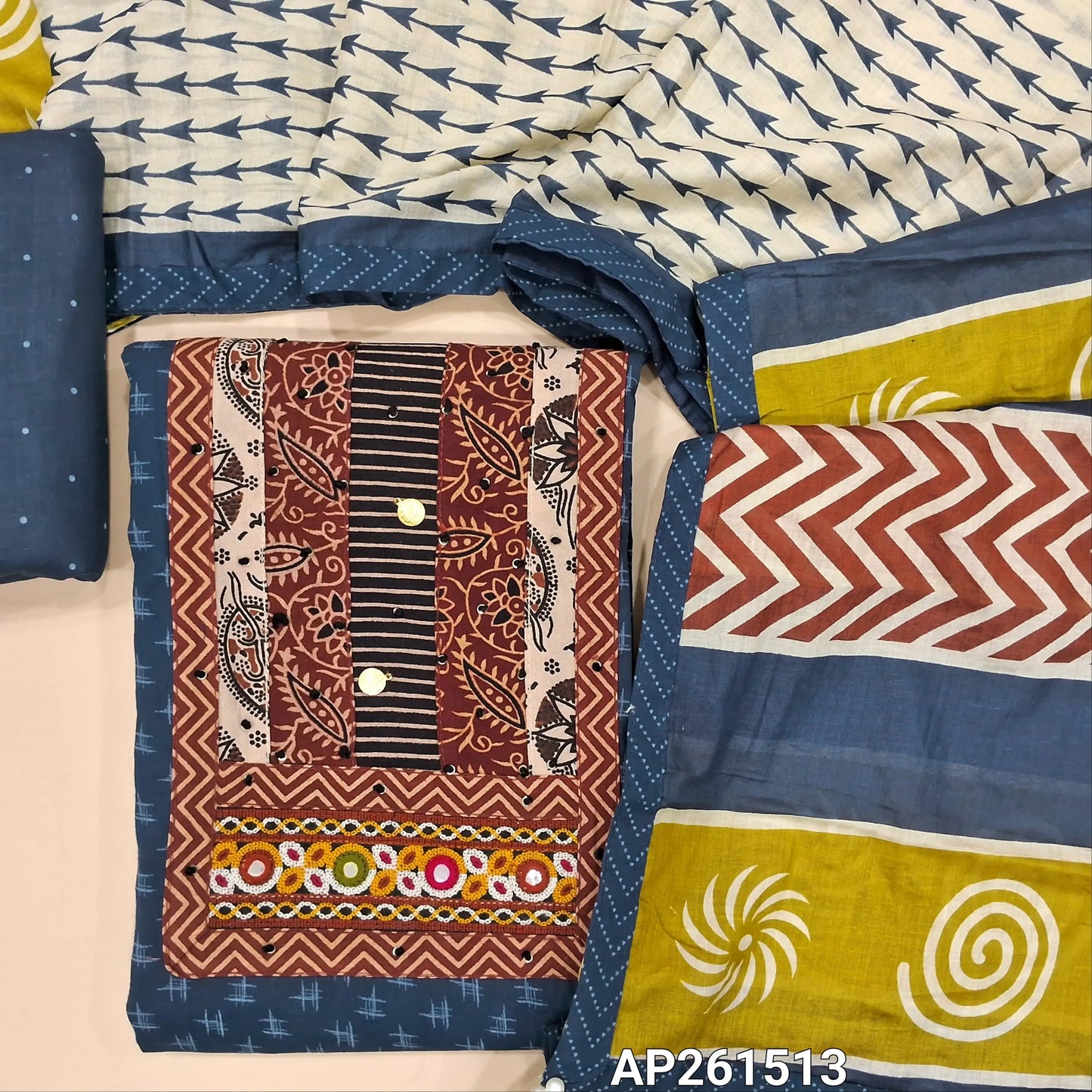 Dark blue ikat printed pure cotton unstitched salwar material, ajrak yoke patch with hand embroidery work(lining optional)printed cotton bottom,printed soft mul cotton dupatta. AP261513
