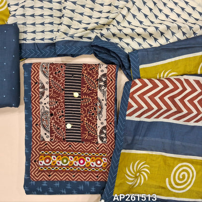 Dark blue ikat printed pure cotton unstitched salwar material, ajrak yoke patch with hand embroidery work(lining optional)printed cotton bottom,printed soft mul cotton dupatta. AP261513
