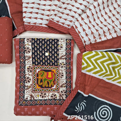 Reddish maroon ikat printed pure cotton unstitched salwar material, ajrak yoke patch with hand embroidery work(lining optional)printed cotton bottom,printed soft mul cotton dupatta. AP261516