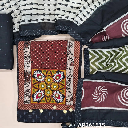Black ikat printed pure cotton unstitched salwar material, ajrak yoke patch with hand embroidery work(lining optional)printed cotton bottom,printed soft mul cotton dupatta. AP261515