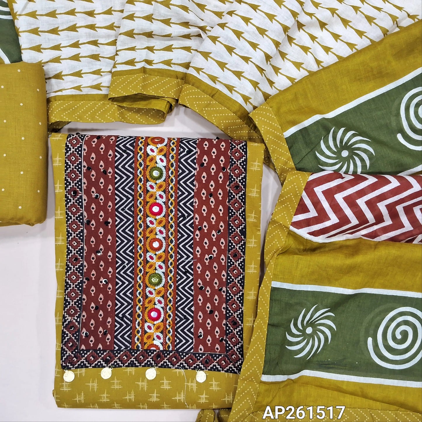 Mehandhi green ikat printed pure cotton unstitched salwar material, ajrak yoke patch with hand embroidery work(lining optional)printed cotton bottom,printed soft mul cotton dupatta. AP261517