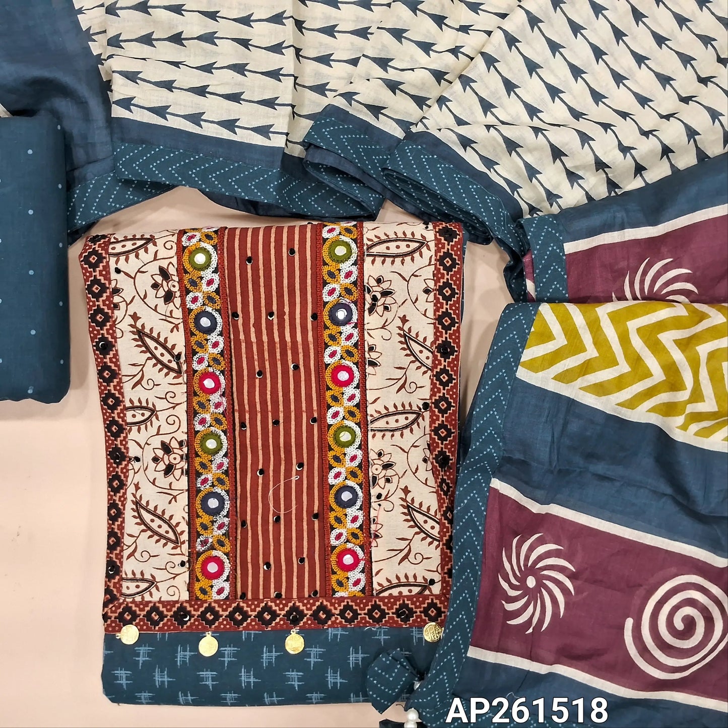 Dark teal blue ikat printed pure cotton unstitched salwar material, ajrak yoke patch with hand embroidery work(lining optional)printed cotton bottom,printed soft mul cotton dupatta. AP261518