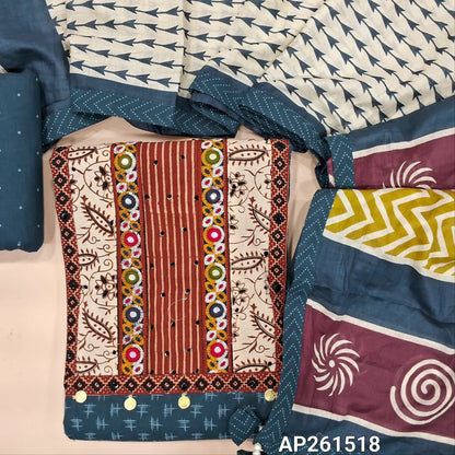 Dark teal blue ikat printed pure cotton unstitched salwar material, ajrak yoke patch with hand embroidery work(lining optional)printed cotton bottom,printed soft mul cotton dupatta. AP261518