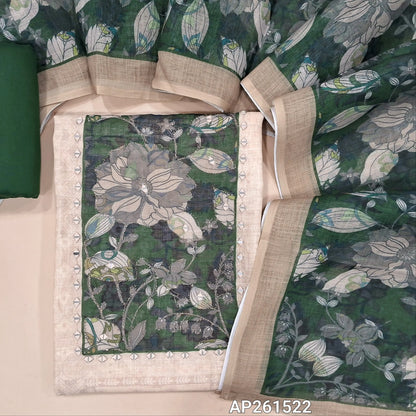 Off white base semi linen unstitched salwar material, printed all over,contrast yoke with floral design with real mirror,(textured, lining needed)dark green silk cotton bottom,printed semi linen dupatta. AP261522