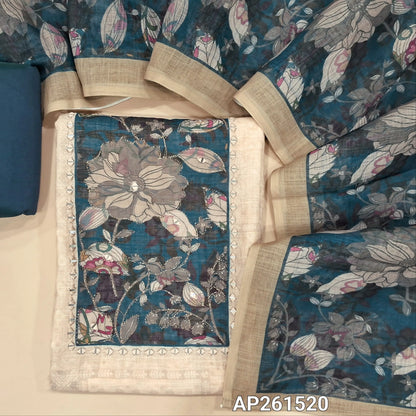 Off white base semi linen unstitched salwar material, printed all over,contrast yoke with floral design with real mirror,(textured, lining needed)dark teal blue silk cotton bottom,printed semi linen dupatta. AP261520