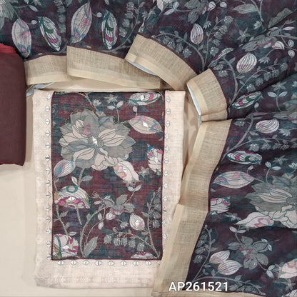 Off white base semi linen unstitched salwar material, printed all over,contrast yoke with floral design with real mirror,(textured, lining needed)dark maroon silk cotton bottom,printed semi linen dupatta. AP261521