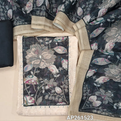 Off white base semi linen unstitched salwar material, printed all over,contrast yoke with floral design with real mirror,(textured, lining needed)black silk cotton bottom,printed semi linen dupatta. AP261523