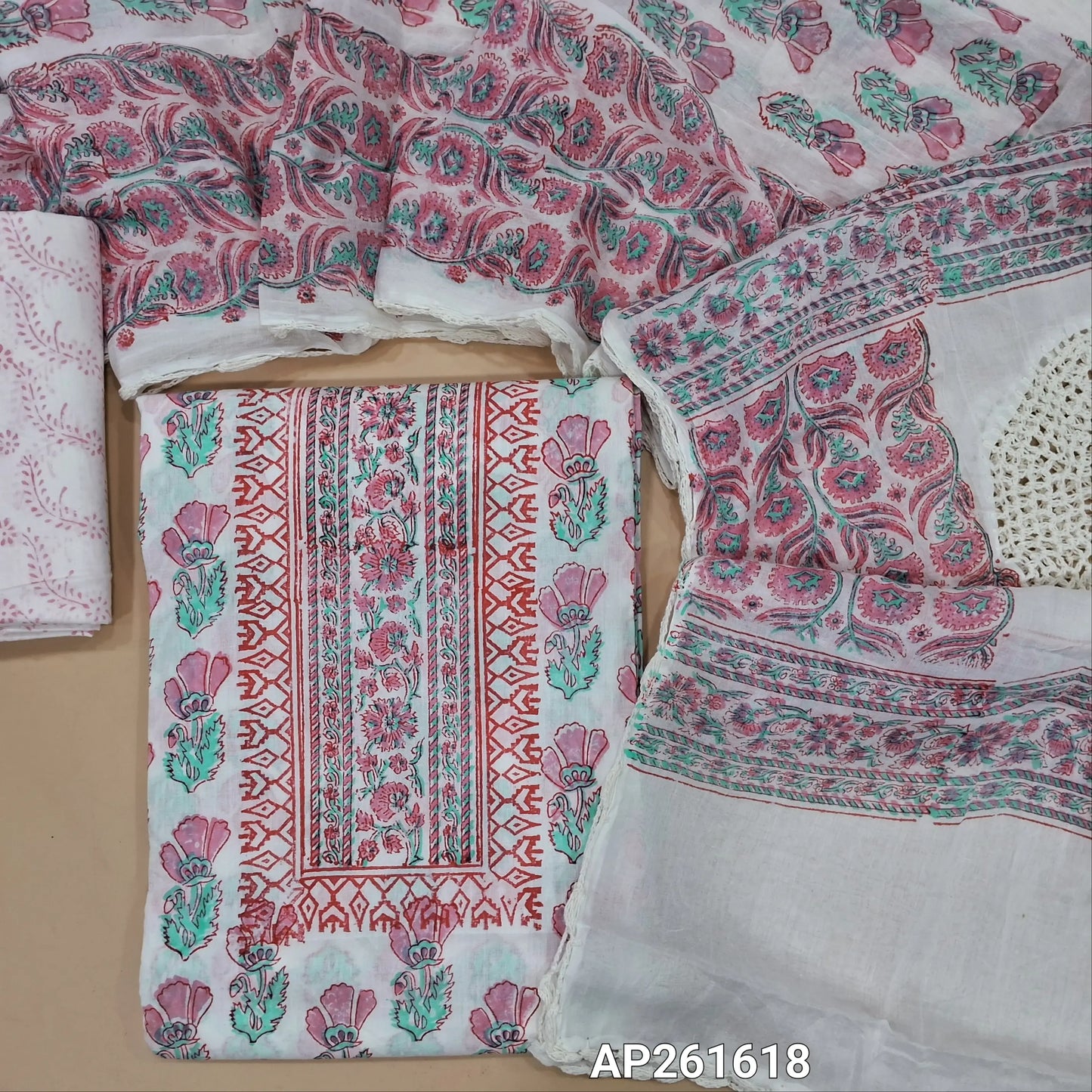 White base mul cotton unstitched salwar material (lining needed) hand block printed allover, pink block printed cotton bottom, hand block printed with crochet work on mul cotton dupatta. AP261618