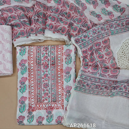 White base mul cotton unstitched salwar material (lining needed) hand block printed allover, pink block printed cotton bottom, hand block printed with crochet work on mul cotton dupatta. AP261618