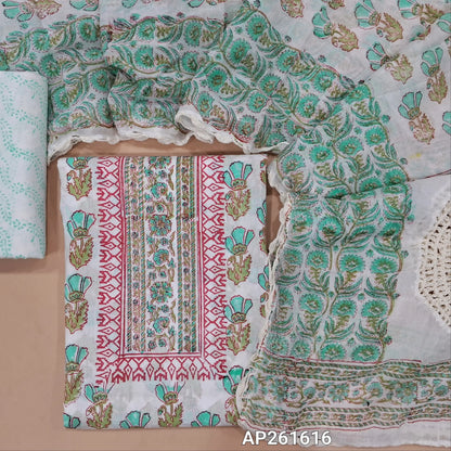 White base mul cotton unstitched salwar material (lining needed) hand block printed allover, blue block printed cotton bottom, hand block printed with crochet work on mul cotton dupatta. AP261616