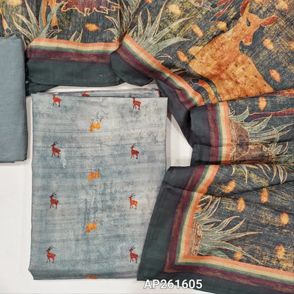 Light & dark grey shade abstract printed semi gicha unstitched salwar material,deer prints all over(Thin, Lining Needed)santoon bottom, digital printed semi gicha dupatta. AP261605