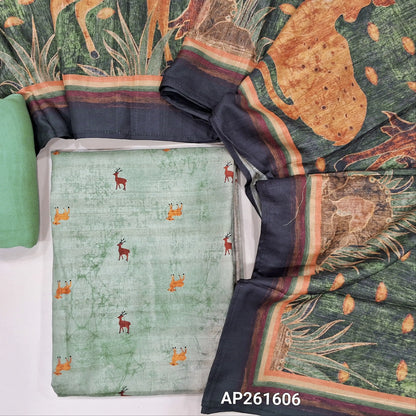 Green shade abstract printed semi gicha unstitched salwar material,deer prints all over(Thin, Lining Needed)santoon bottom, digital printed semi gicha dupatta. AP261606