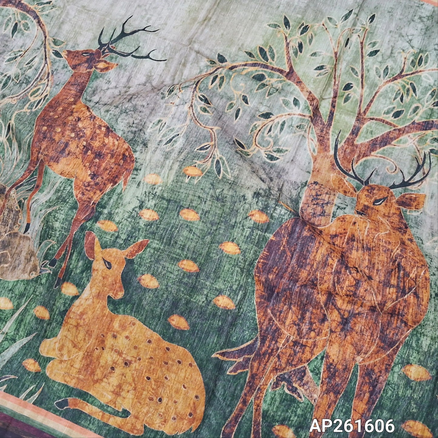 Green shade abstract printed semi gicha unstitched salwar material,deer prints all over(Thin, Lining Needed)santoon bottom, digital printed semi gicha dupatta. AP261606