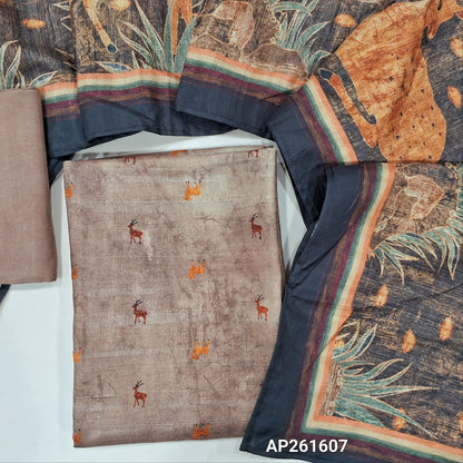 Light chocolate brown abstract printed semi gicha unstitched salwar material,deer prints all over(Thin, Lining Needed)santoon bottom, digital printed semi gicha dupatta. AP261607
