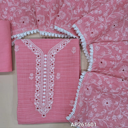 Pastel pink premium kota unstitched salwar material, embroidery work on yoke and front, self checked all over (Lining Needed) matching fabric provided for lining, NO BOTTOM, rich thread embroidery work on kota dupatta with lace tapping. AP261601