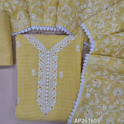 Pastel yellow premium kota unstitched salwar material, embroidery work on yoke and front, self checked all over (Lining Needed) matching fabric provided for lining, NO BOTTOM, rich thread embroidery work on kota dupatta with lace tapping. AP261603