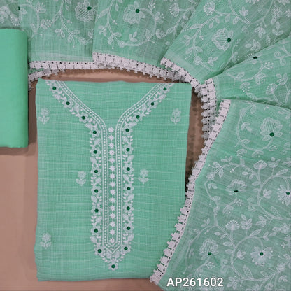Light turquoise blue premium kota unstitched salwar material, embroidery work on yoke and front, self checked all over (Lining Needed) matching fabric provided for lining, NO BOTTOM, rich thread embroidery work on kota dupatta with lace tapping. AP261602