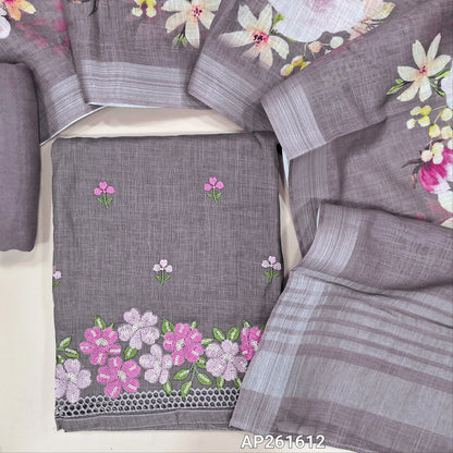 Dark mauve semi linen unstitched salwar material, floral embroidery on front,embroidery and cut work on daman,(textured, lining optional)santoon bottom,floral printed semi linen dupatta with silver tissue borders. AP261612