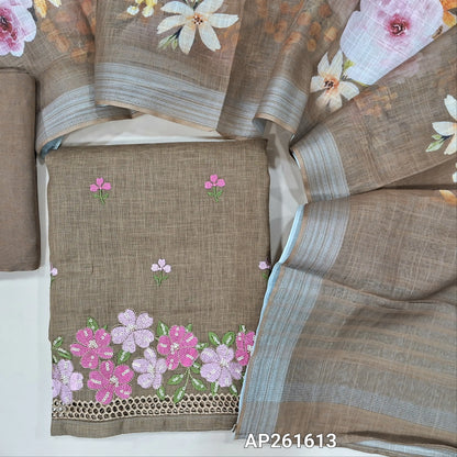 Light chocolate brown semi linen unstitched salwar material, floral embroidery on front,embroidery and cut work on daman,(textured, lining optional)santoon bottom,floral printed semi linen dupatta with silver tissue borders. AP261613