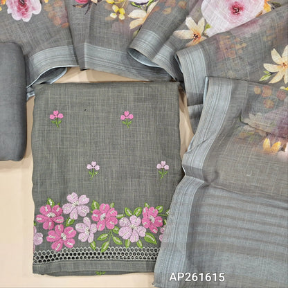 Light grey semi linen unstitched salwar material, floral embroidery on front,embroidery and cut work on daman,(textured, lining optional)santoon bottom,floral printed semi linen dupatta with silver tissue borders. AP261615