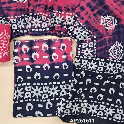 Pink & dark blue shibori dyed and wax batik pure crepe georgette unstitched salwar material, (lining needed) batik dyed santoon bottom,dual shaded shibori dyed and wax batik dyed pure crepe georgette dupatta(TAPPING NEEDED). AP261611