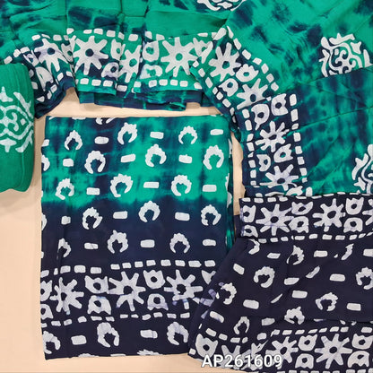 Turquoise green & dark blue shibori dyed and wax batik pure crepe georgette unstitched salwar material, (lining needed) batik dyed santoon bottom,dual shaded shibori dyed and wax batik dyed pure crepe georgette dupatta(TAPPING NEEDED). AP261609