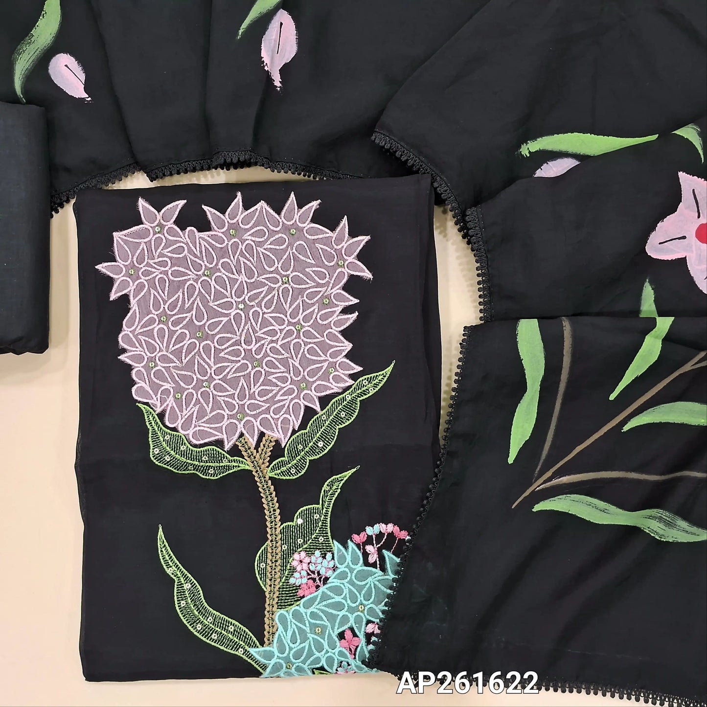 Black mul chanderi unstitched salwar material,embroidery and sequins work on front ( soft,lining needed)cotton fabric provided for lining, NO BOTTOM,brush paint work on mul chanderi dupatta with lace tapping. AP261622