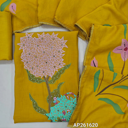 Bright mehandhi yellow mul chanderi unstitched salwar material,embroidery and sequins work on front ( soft,lining needed)cotton fabric provided for lining, NO BOTTOM,brush paint work on mul chanderi dupatta with lace tapping. AP261620