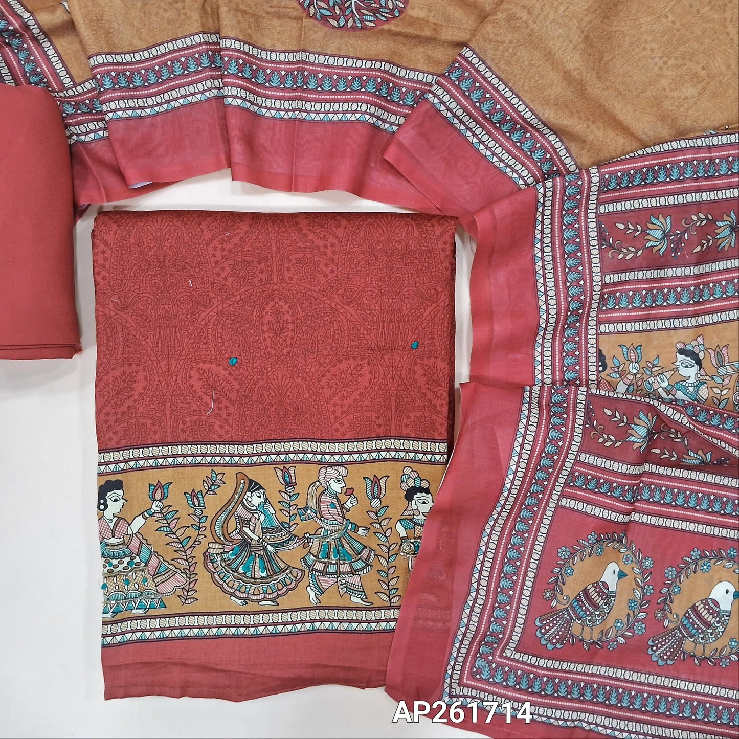 Maroon printed soft cotton unstitched salwar material,french knot work all over,digital printed with cut bead and thread work on daman,(lining needed) spun cotton bottom,digital printed mixed cotton dupatta. AP261714