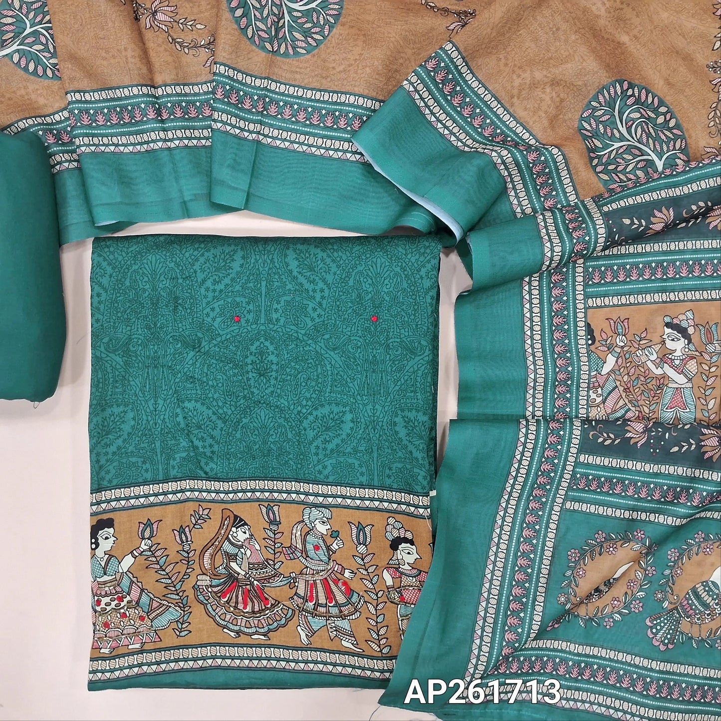 Dark teal blue printed soft cotton unstitched salwar material,french knot work all over,digital printed with cut bead and thread work on daman,(lining needed) spun cotton bottom,digital printed mixed cotton dupatta. AP261713
