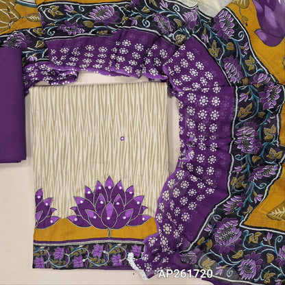 Light beige printed soft cotton unstitched salwar material (lining needed) zardozi and faux mirror work on daman,dark purple spun cotton bottom, colorful printed short width soft chiffon dupatta. AP261720