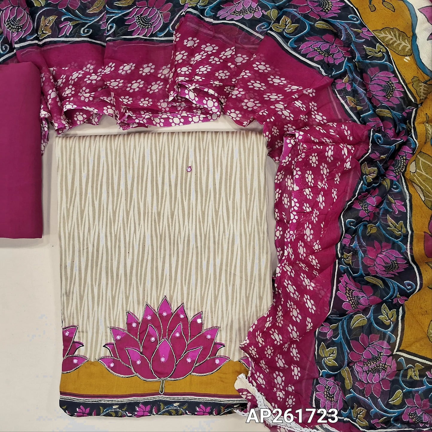 Light beige printed soft cotton unstitched salwar material (lining needed) zardozi and faux mirror work on daman, pink spun cotton bottom, colorful printed short width soft chiffon dupatta. AP261723