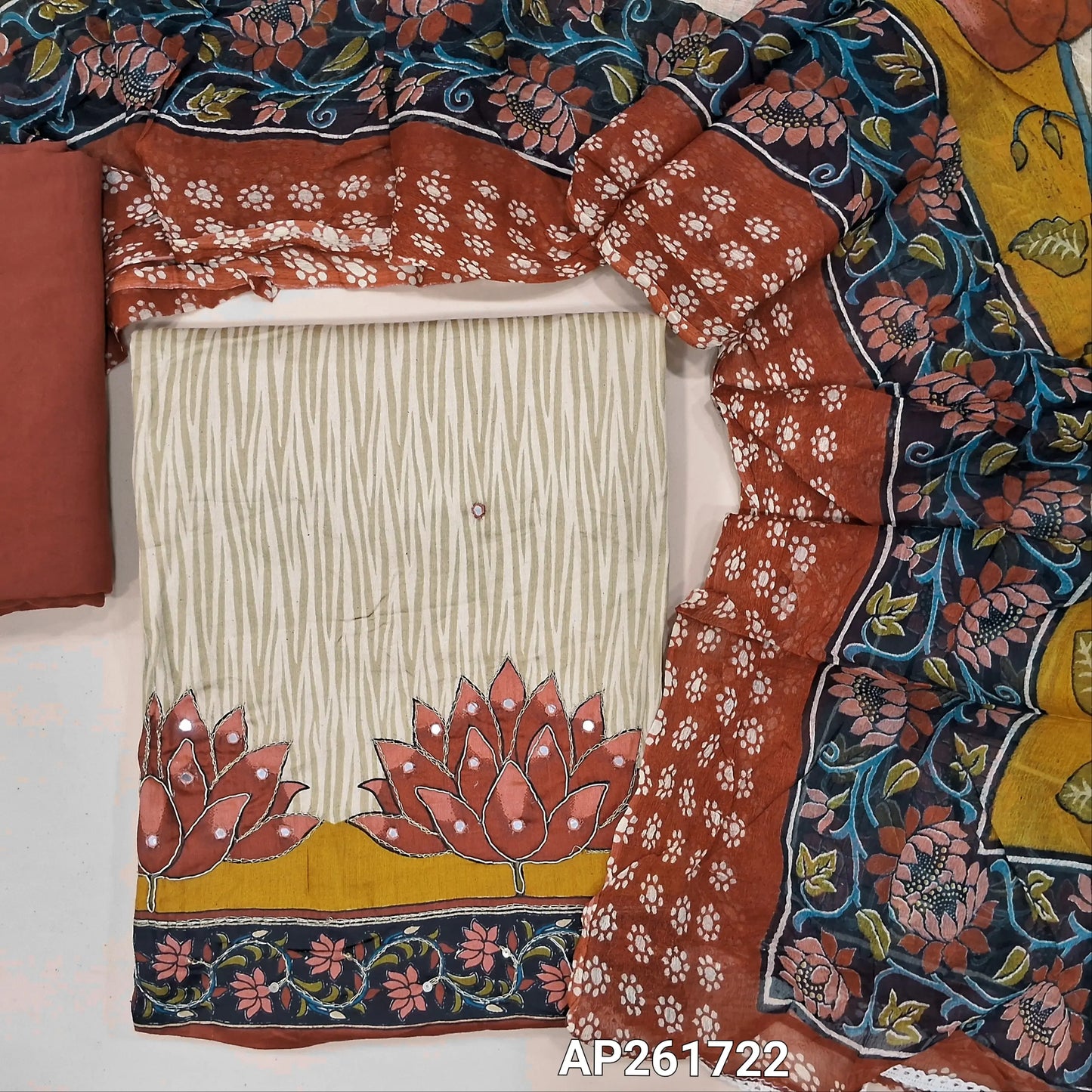 Light beige printed soft cotton unstitched salwar material (lining needed) zardozi and faux mirror work on daman, maroon spun cotton bottom, colorful printed short width soft chiffon dupatta. AP261722
