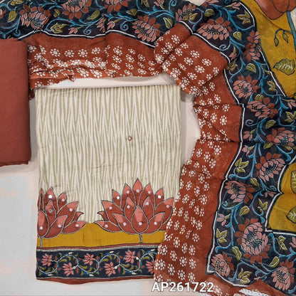 Light beige printed soft cotton unstitched salwar material (lining needed) zardozi and faux mirror work on daman, maroon spun cotton bottom, colorful printed short width soft chiffon dupatta. AP261722