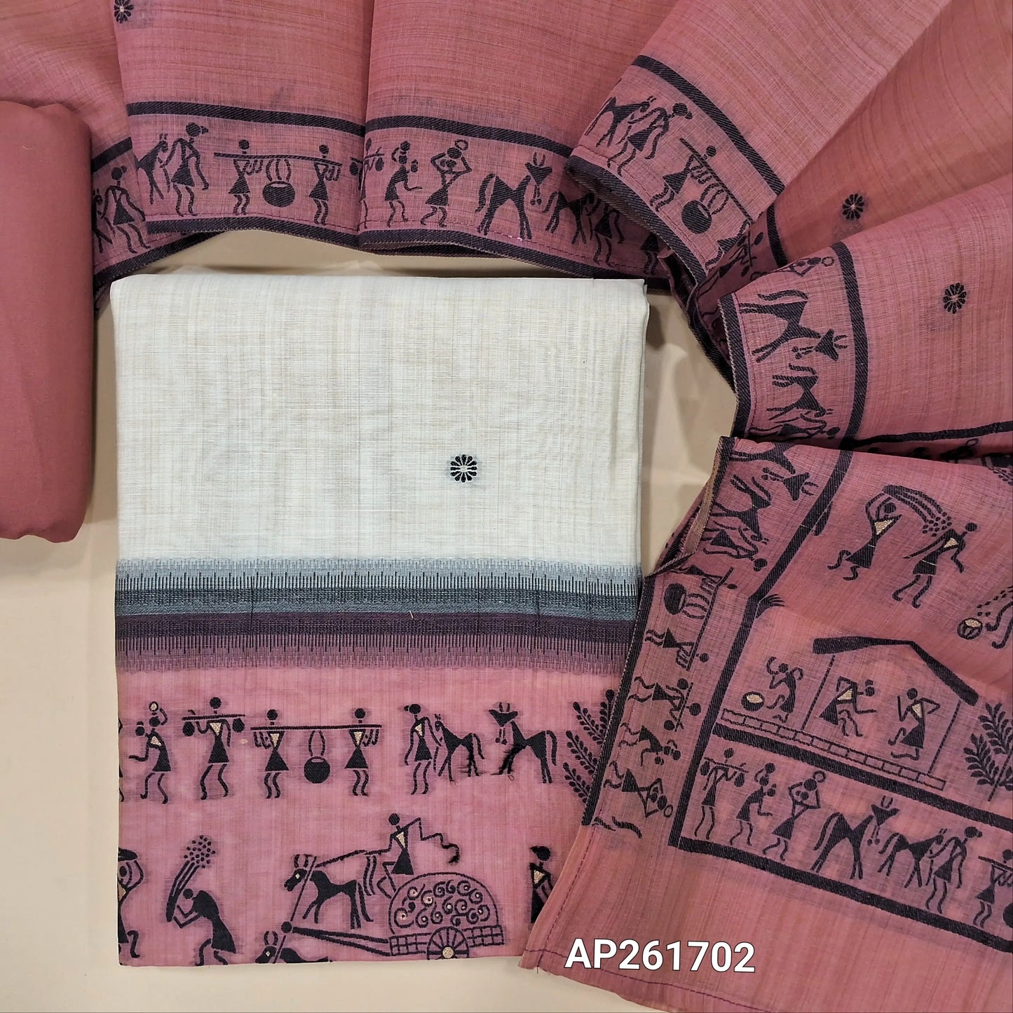 Off white base jamdani woven silk cotton unstitched salwar material, warli jamdani weaving on daman (lining needed)dark onion pink spun cotton bottom,jamdani weaving on silk cotton dupatta with pallu. AP261702